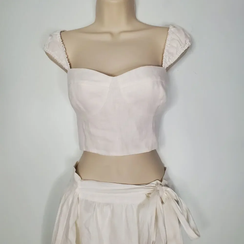 Reformation Clyde 100% Linen Two Piece Crop Top Midi Skirt Set White Size 10